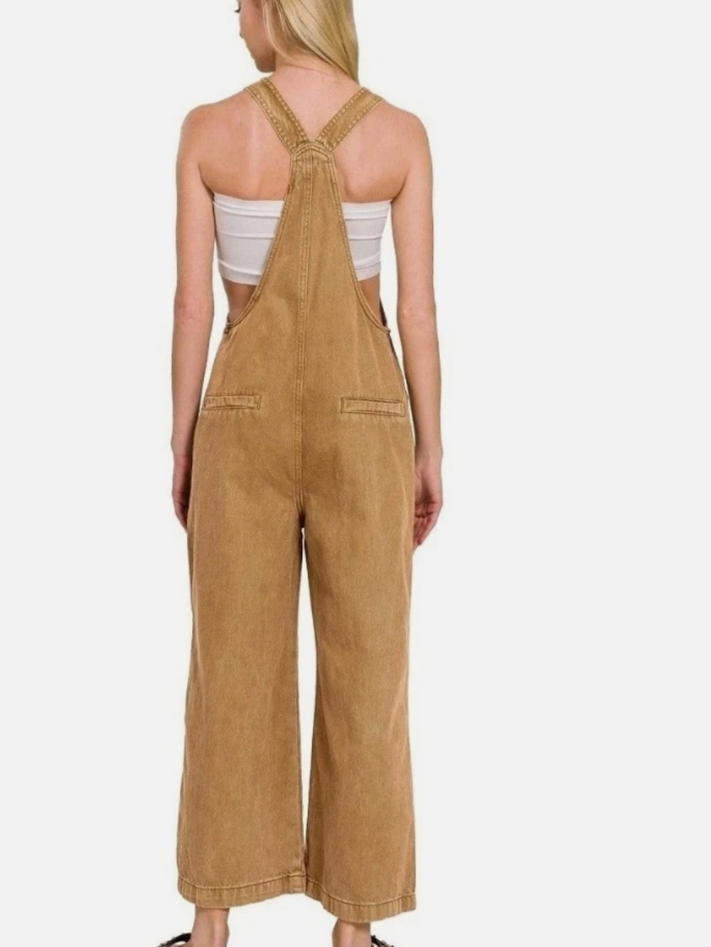 Zenana Womens Deep Camel Washed Denim Knot Strap Overalls WideLeg NEW-Size Small - Picture 3 of 12